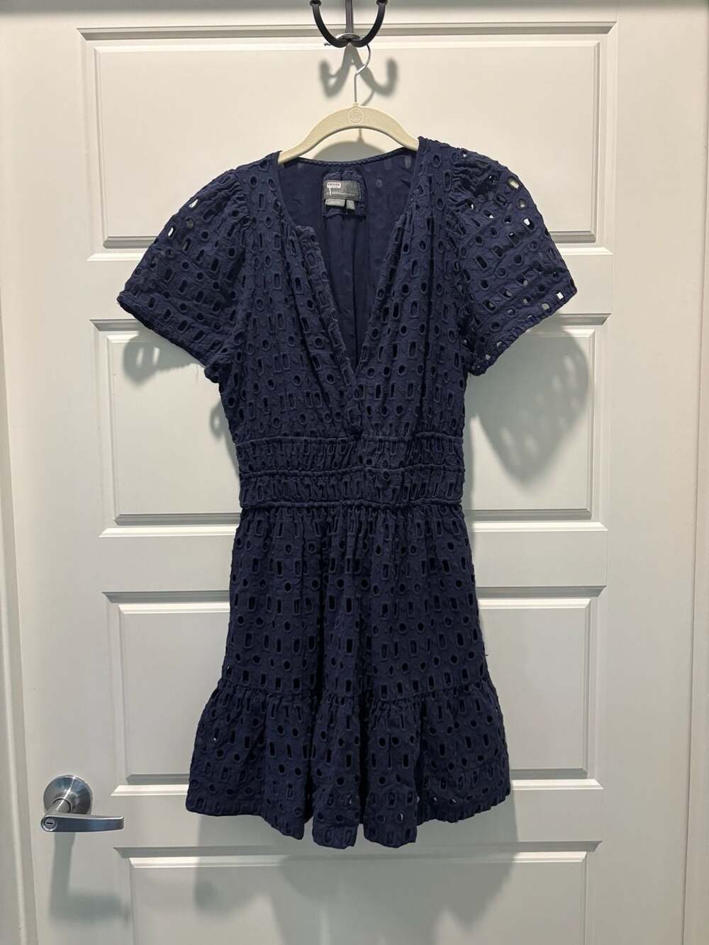 Anthropologie Navy Eyelet Mini Dress with Smocked Waist and Short Sleeves